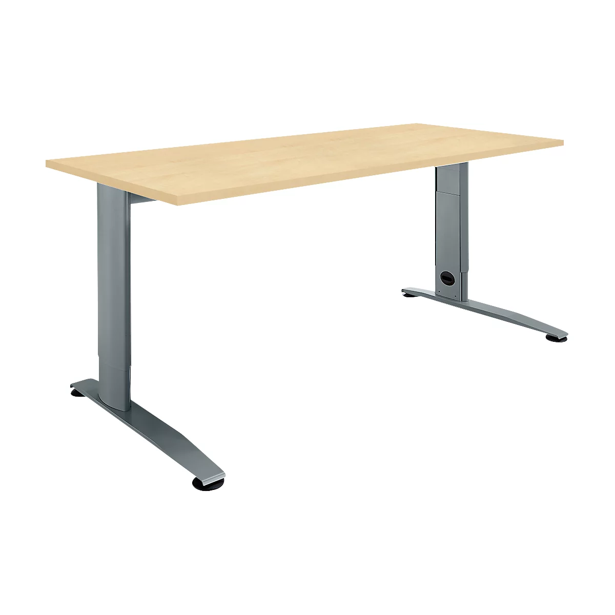 Light brown desk with metal frame. Rectangular table top, grey, height-adjustable legs.