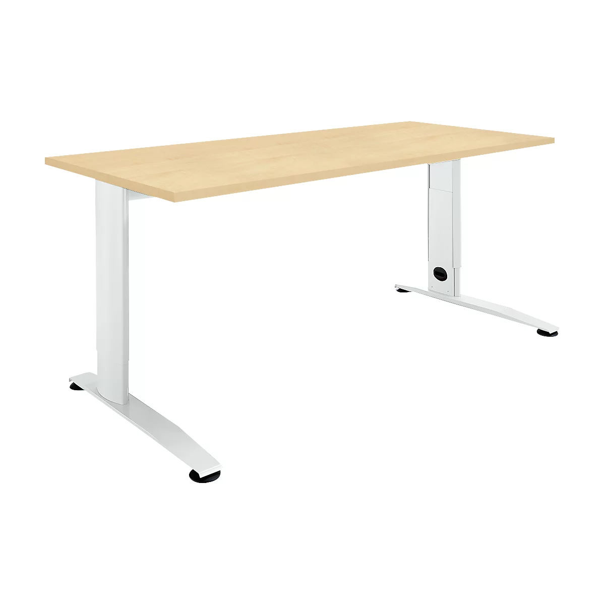 Light brown desk with white height-adjustable legs, against a white background.