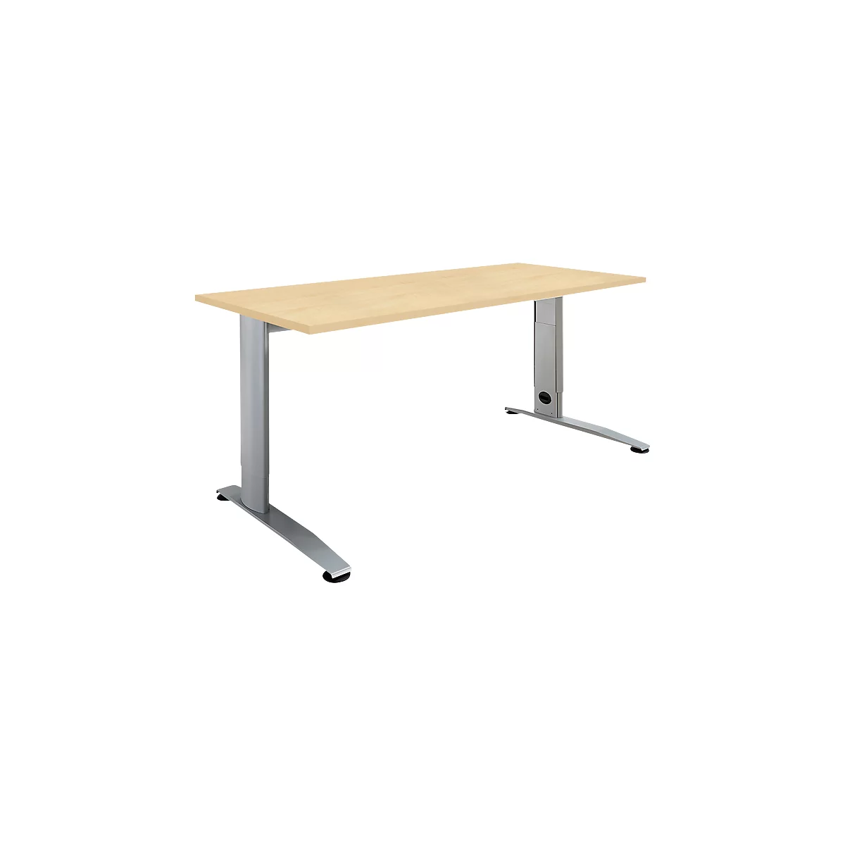 Light brown rectangular desk with silver, height-adjustable legs.