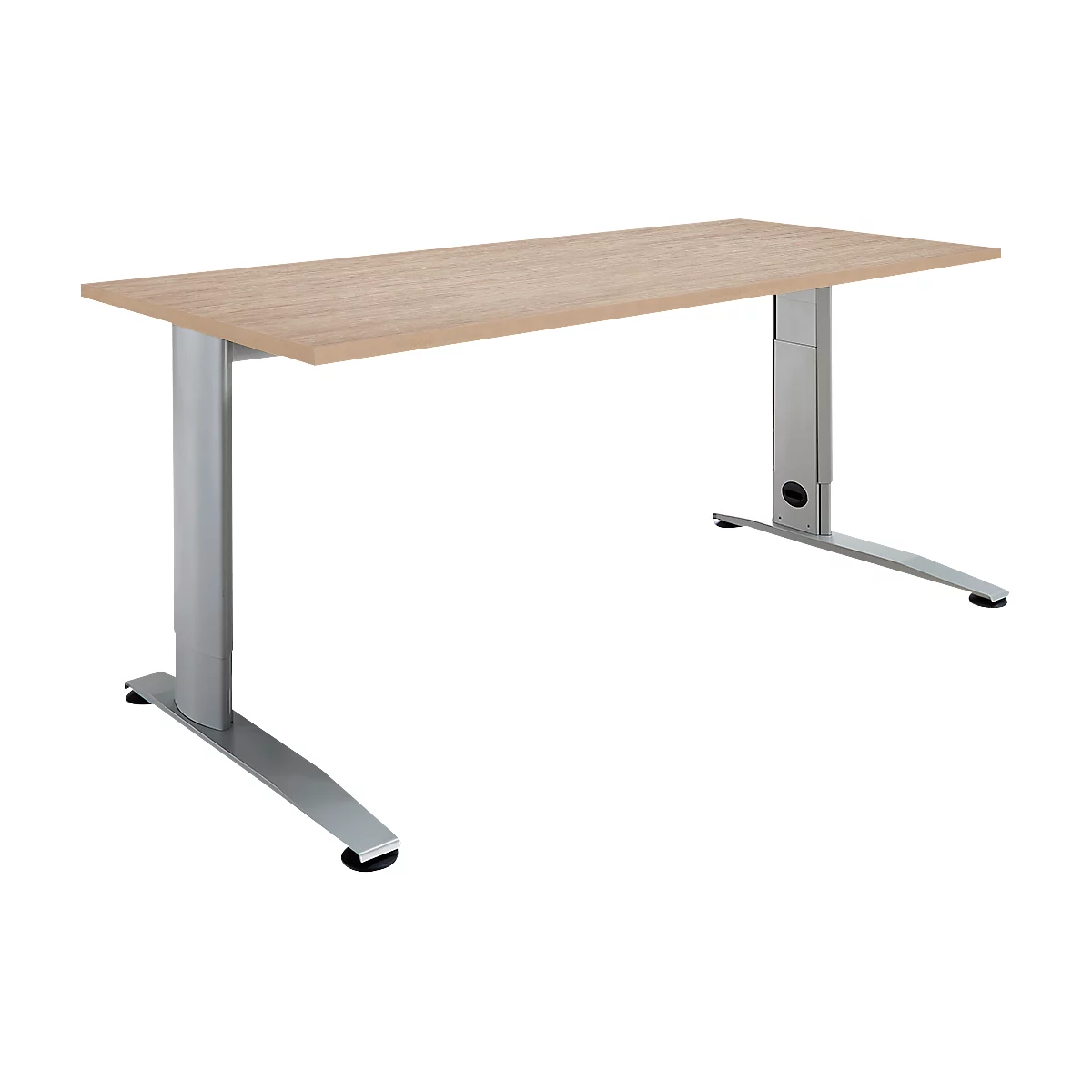 Light-colored desk with wooden top and silver legs, isolated.