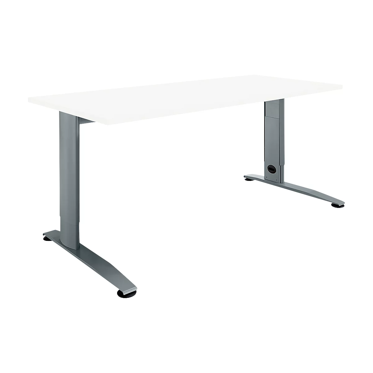 A white desk with gray legs, which curve slightly outward at the end.