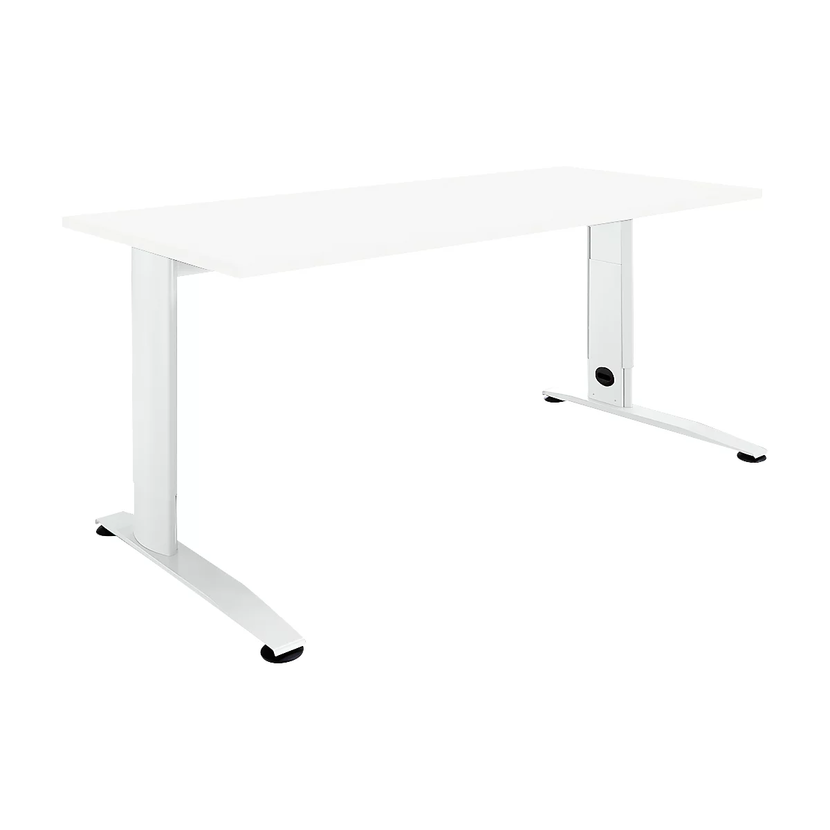 A white desk with two T-shaped legs connecting to the table.