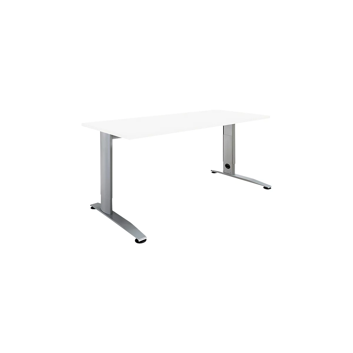 White desk with silver legs, set against a white background.