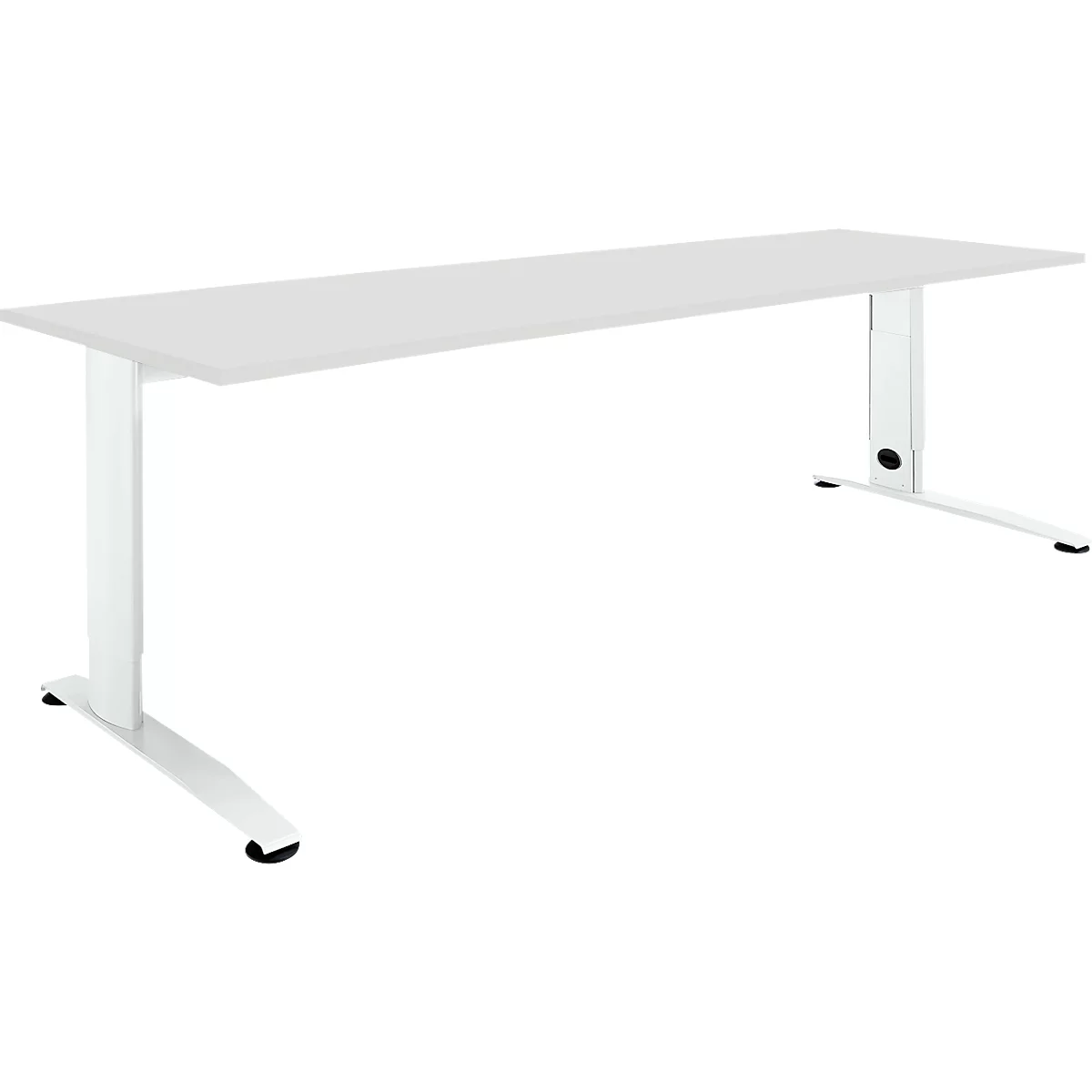 A white height-adjustable desk with a rectangular tabletop and two legs.