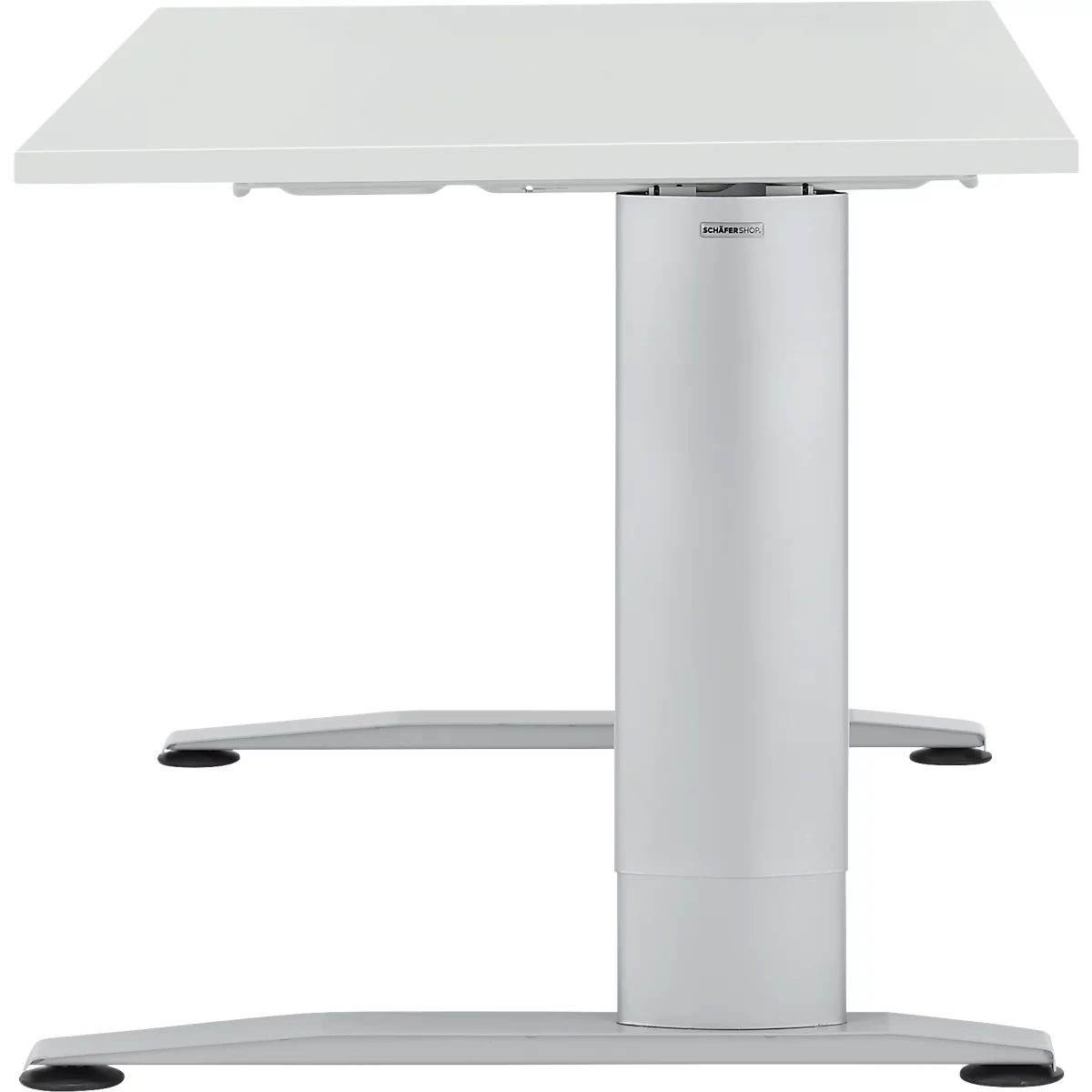 White height-adjustable desk. Tabletop, column and frame are light gray, the feet have black pads.