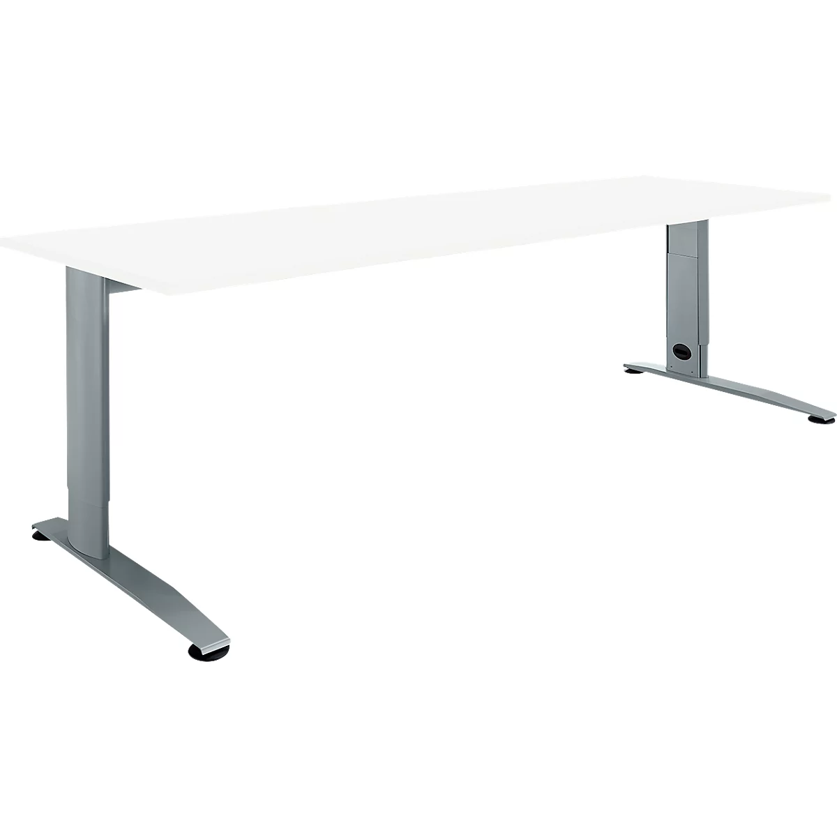 A white rectangular desk with silver, height-adjustable legs. Both table legs are attached to the corners.