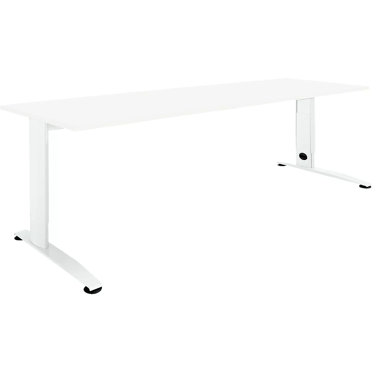 White height-adjustable desk on a white background. The tabletop and legs are white.
