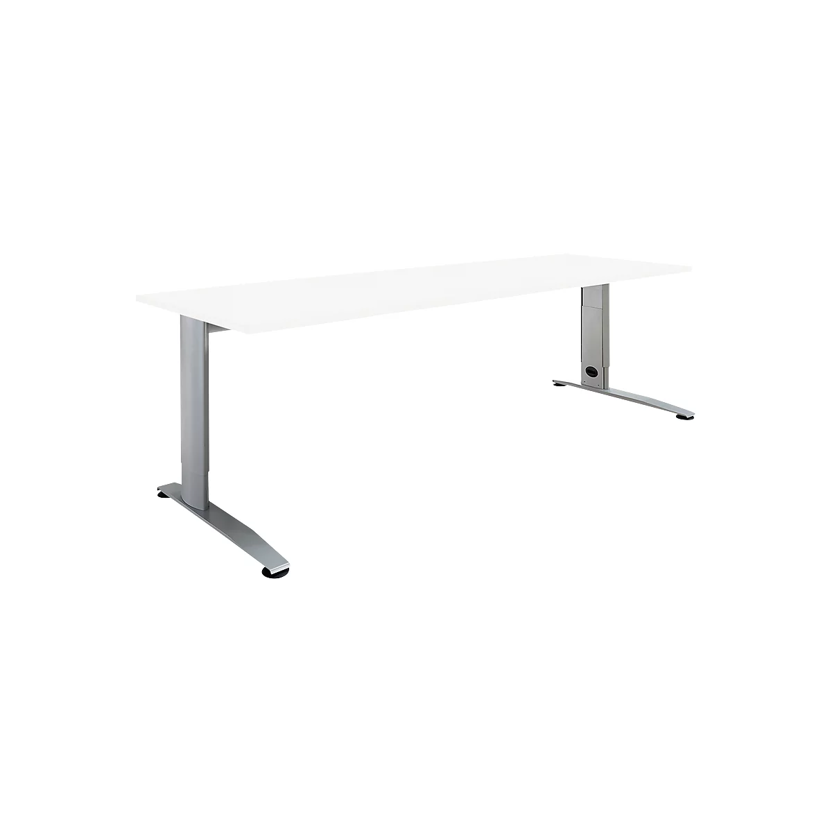 A white desk with metal legs, shaped like an inverted L.