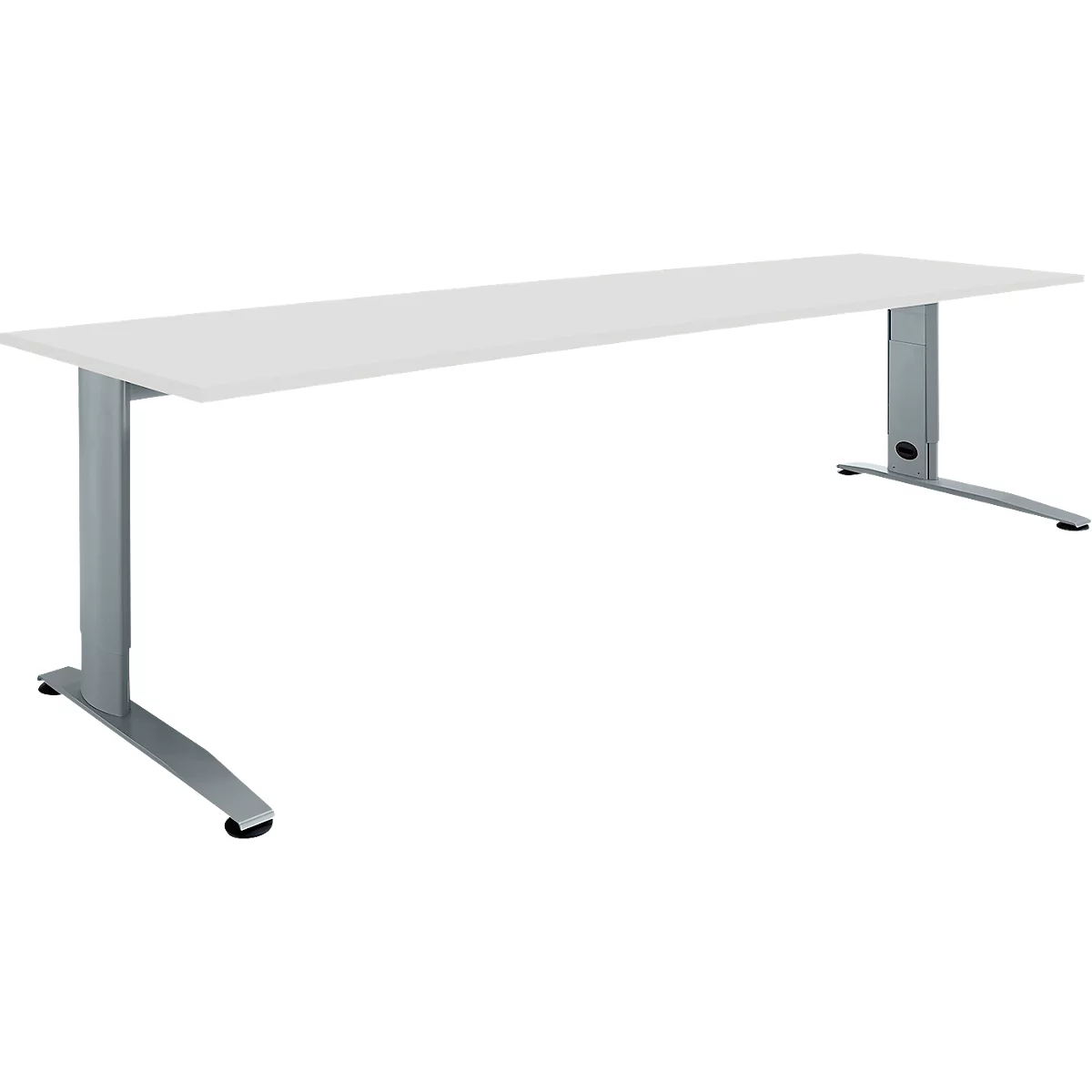 White rectangular desk with gray metal legs. The design is modern and minimalist.