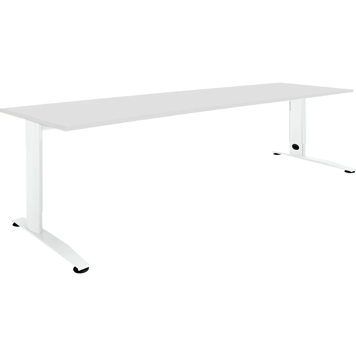 A white, height-adjustable desk with a rectangular tabletop and white metal frame.