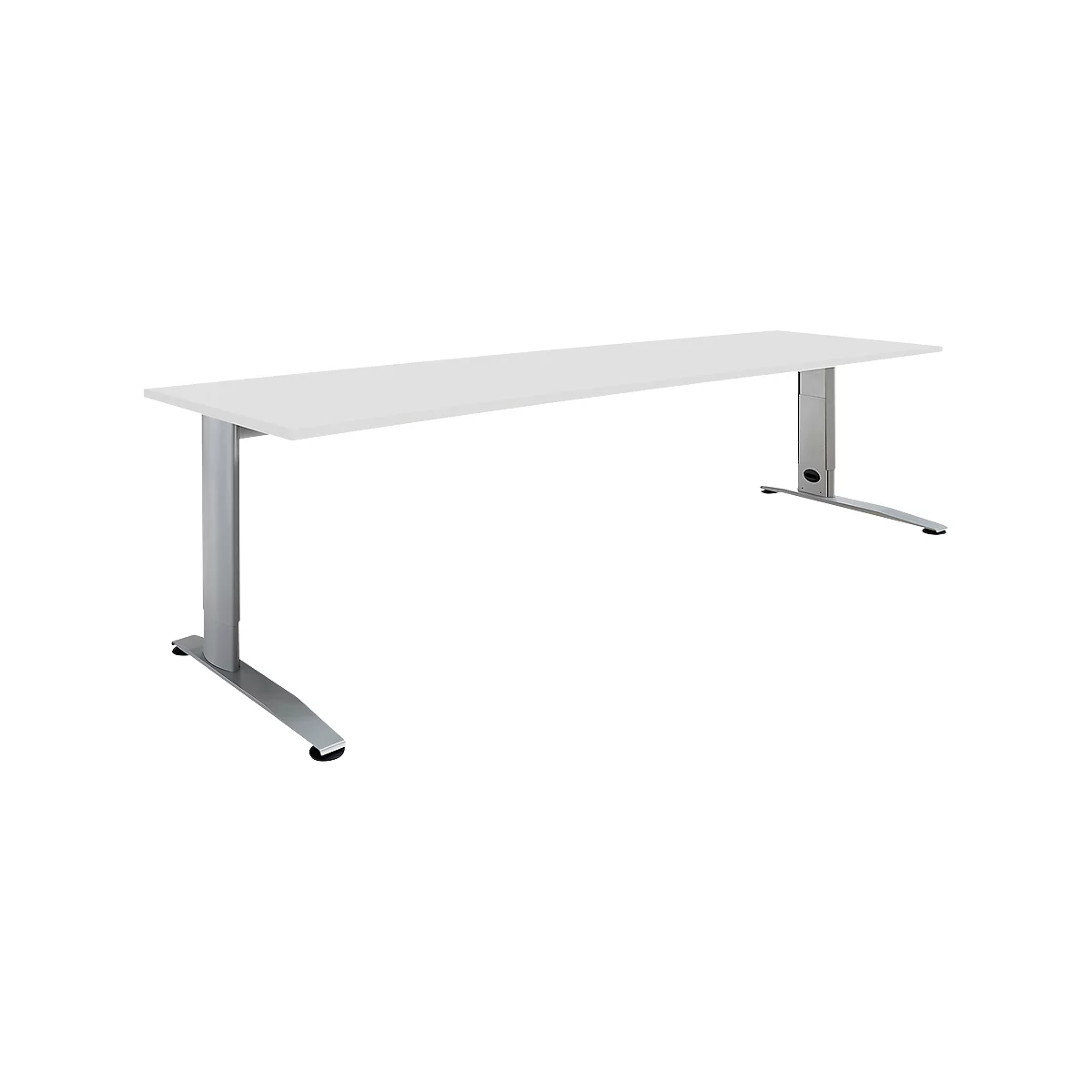 A white desk with silver legs. The table is long and narrow, with a smooth surface.