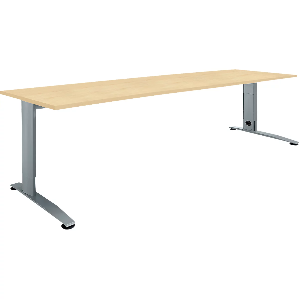 A tall, rectangular desk with a light brown tabletop and silver metal legs.