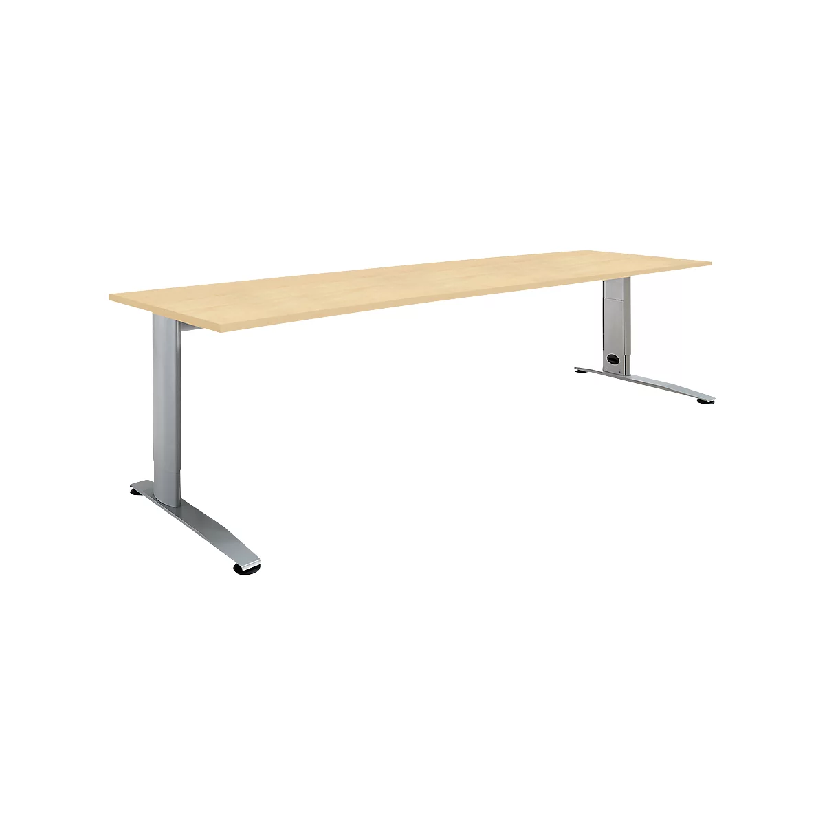 A tall, light-colored desk. The tabletop is rectangular. The silver legs are T-shaped.