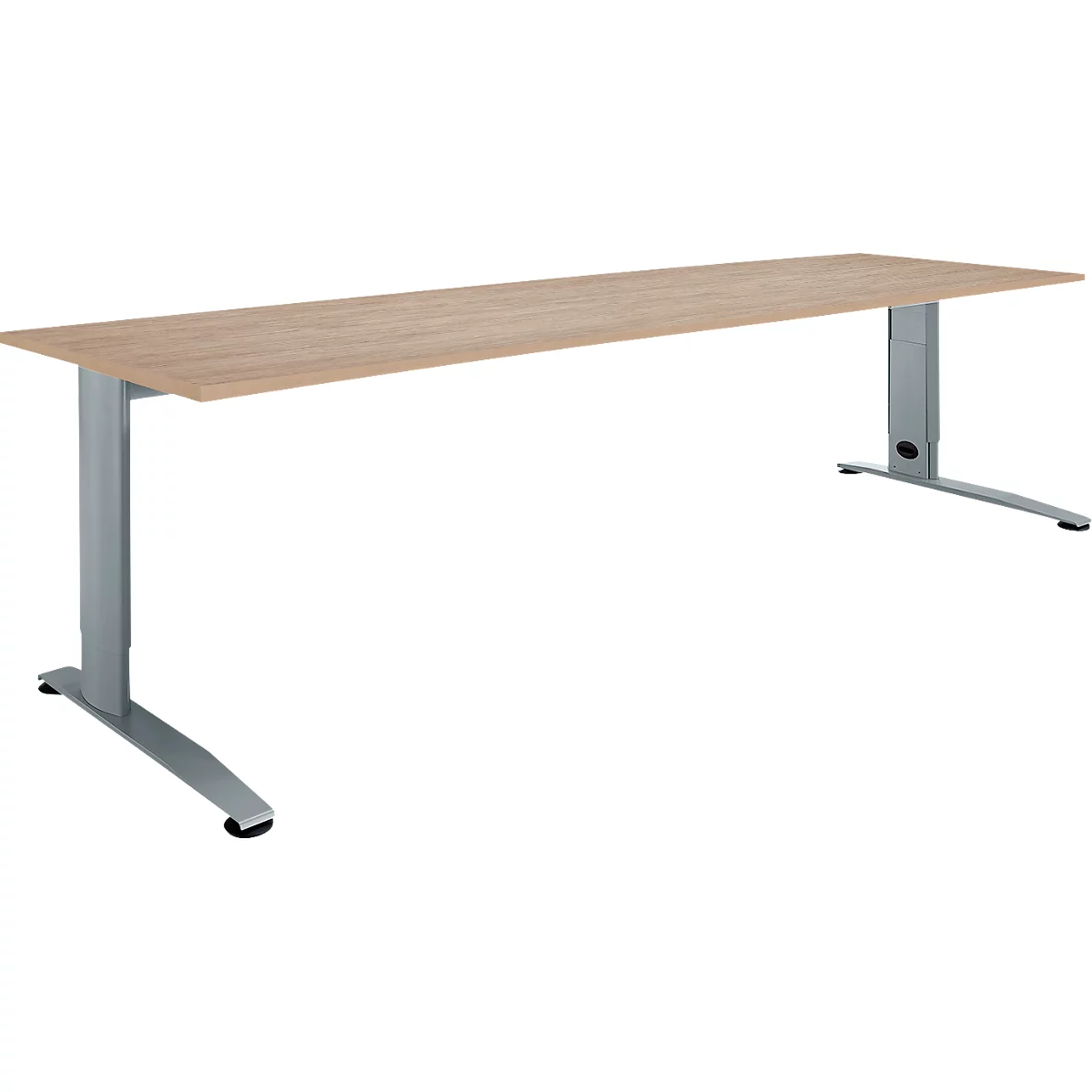 A light rectangular desk with a wood-look top, supported by two silver metal legs.