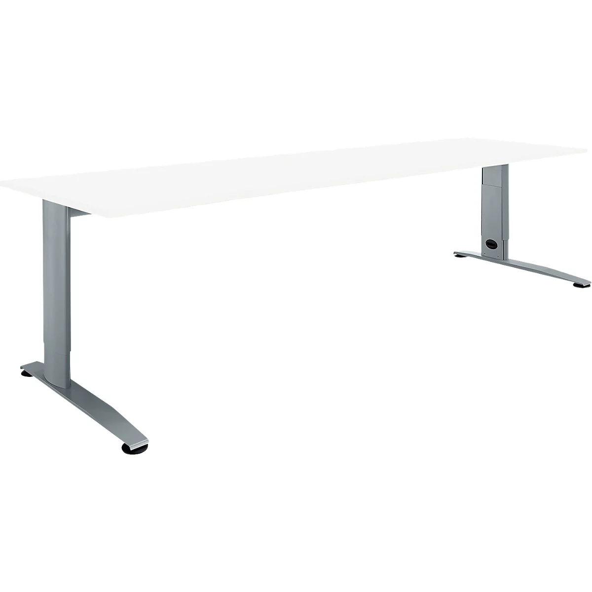 White desk with silver legs; the table stands upright against a white background.