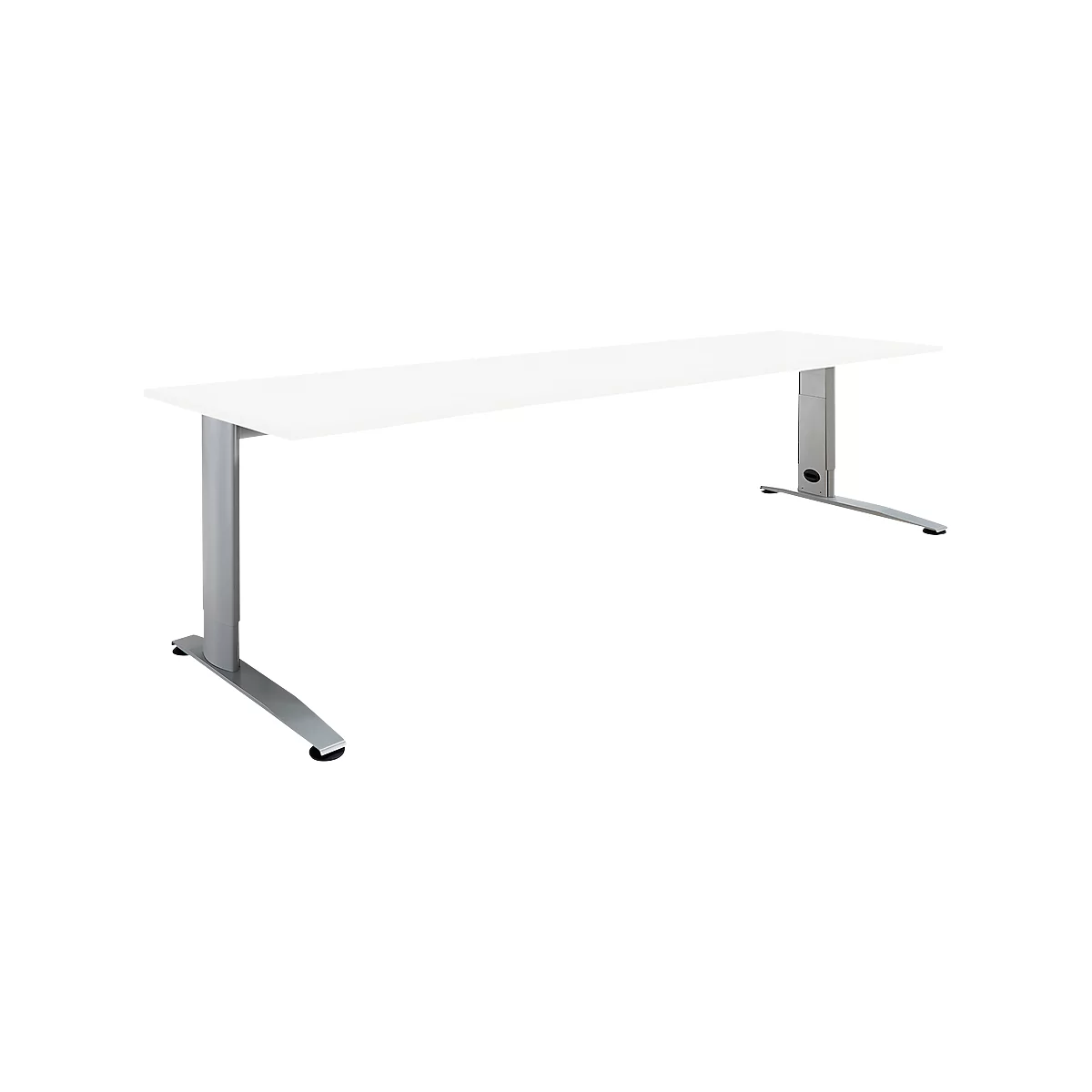A white desk with silver legs against a white background.