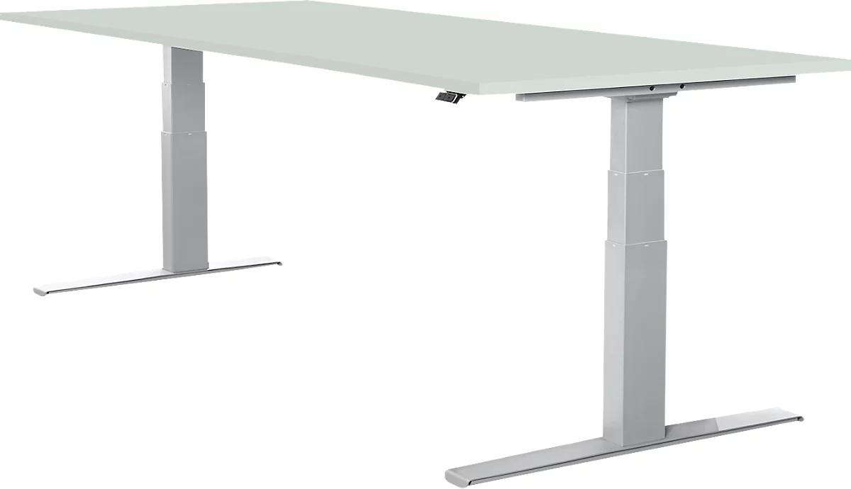 Schäfer Shop Select Desk LOGIN, regulable en altura eléctricamente, rectangular, pie en T, ancho 1800 x fondo 800 x alto 645-1290 mm, aluminio gris claro/blanco