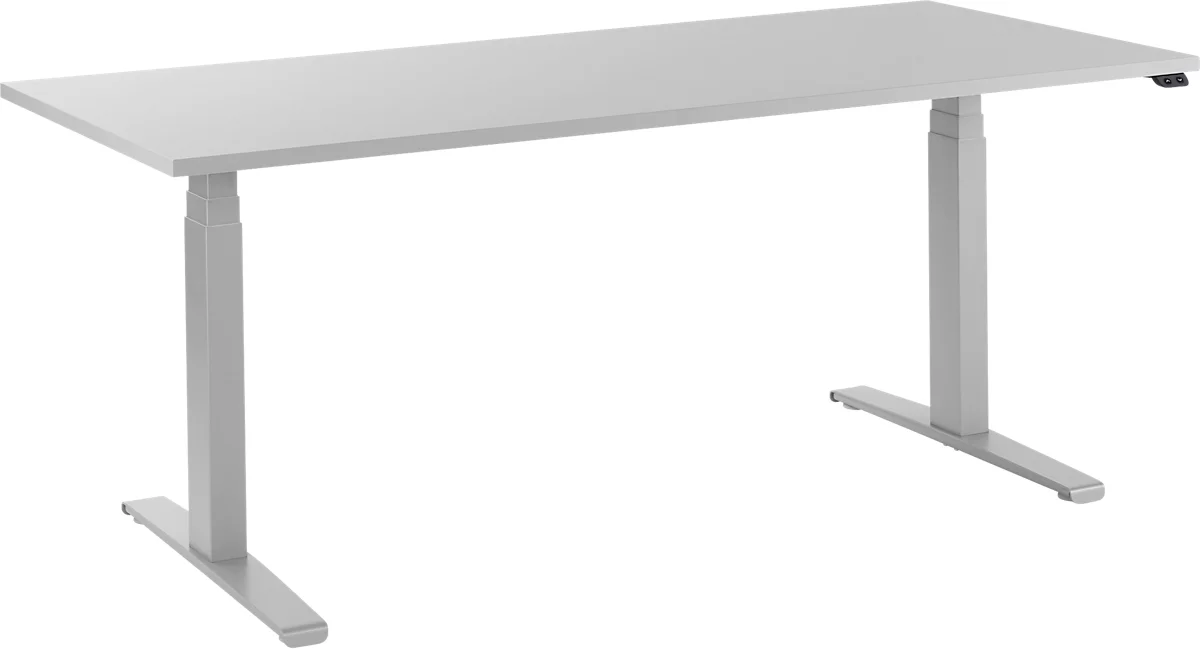 Schäfer Shop Select Desk LOGIN, regulable en altura eléctricamente, rectangular, pie en T, ancho 1800 x fondo 800 x alto 645-1290 mm, aluminio gris claro/blanco