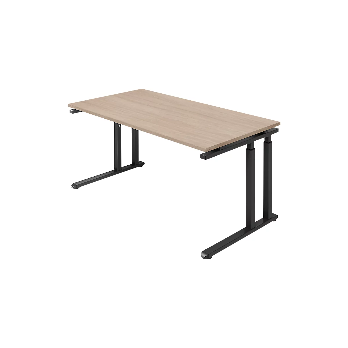 Beige desk top with black, adjustable height legs. Perspective view.