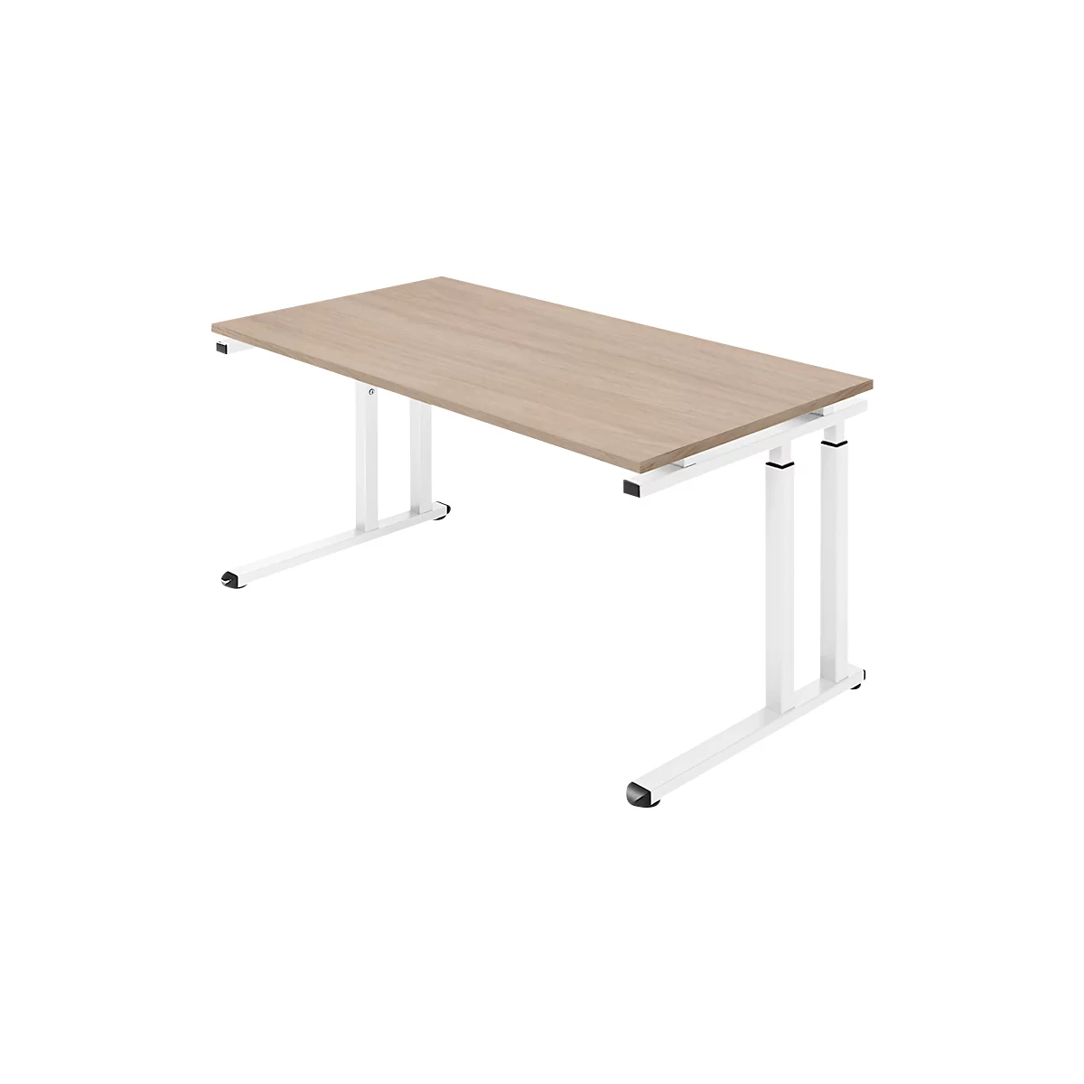Light brown desk with white, height-adjustable legs. The tabletop has a wood grain.