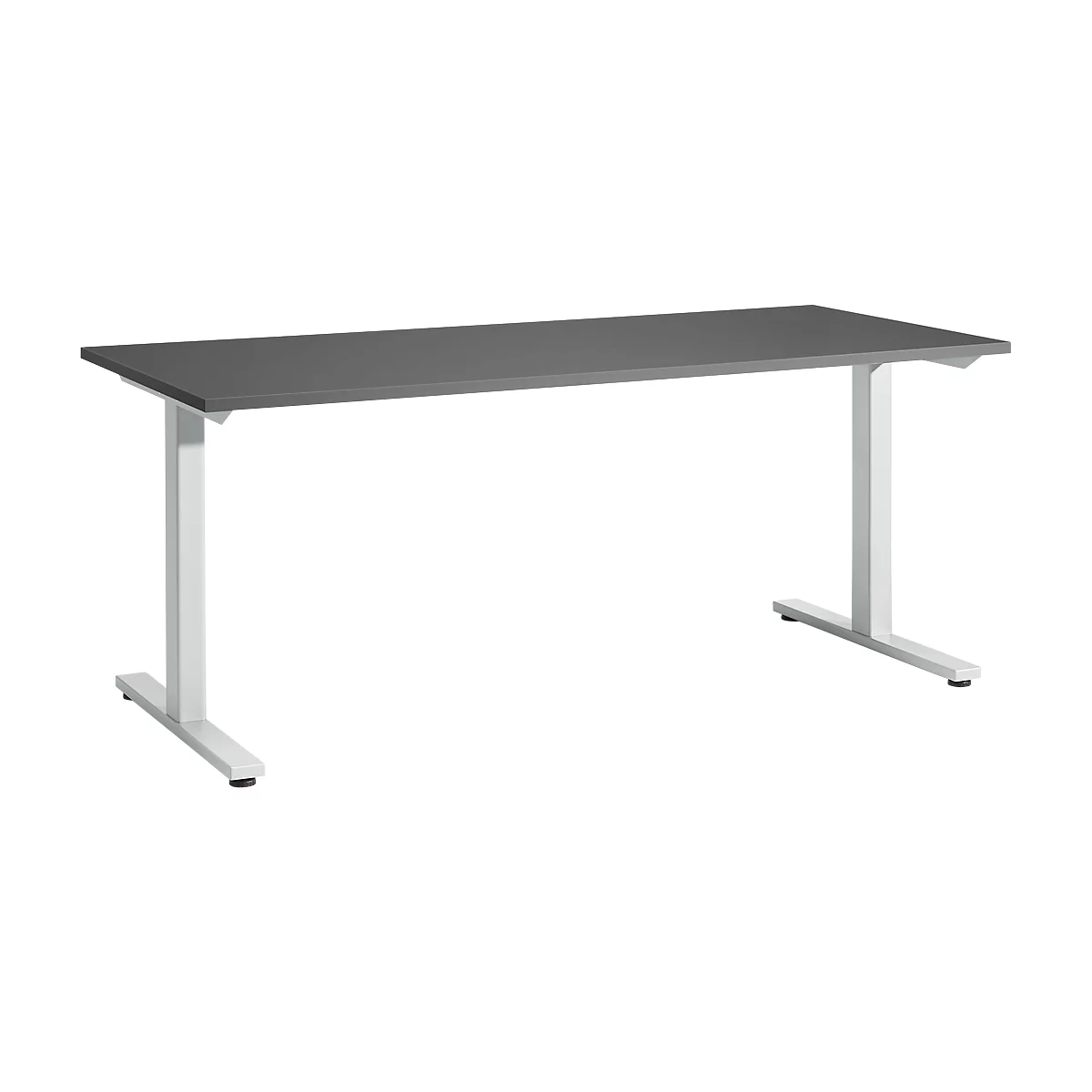 Grey desk with white legs, photographed in perspective from the front.