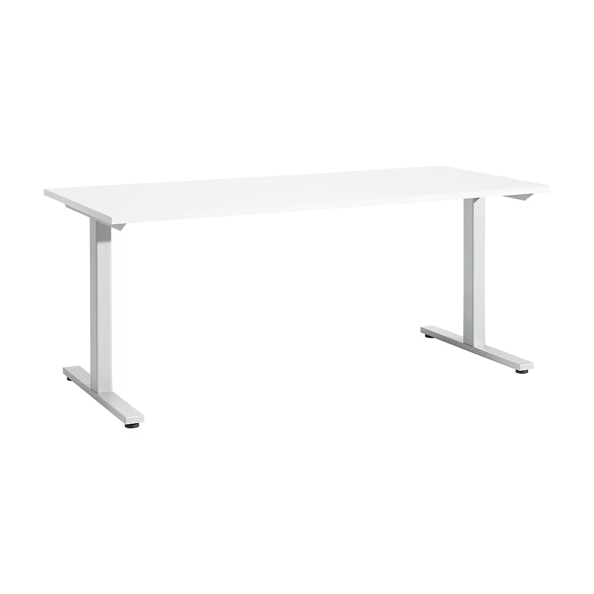 White, rectangular desk with metal-colored, T-shaped legs. The table stands on a white background.