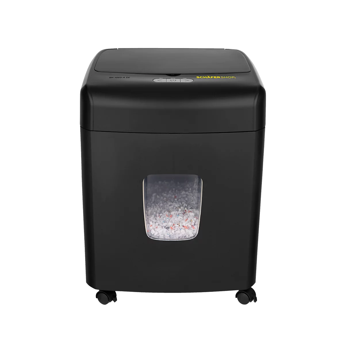 Schäfer Shop Select Destructeur de documents SH1023-A CC, entièrement automatique, coupe en particules 4 x 12 mm, P-4, 23 l, capacité de coupe 10-120 feuilles, avec roulettes pivotantes, noir