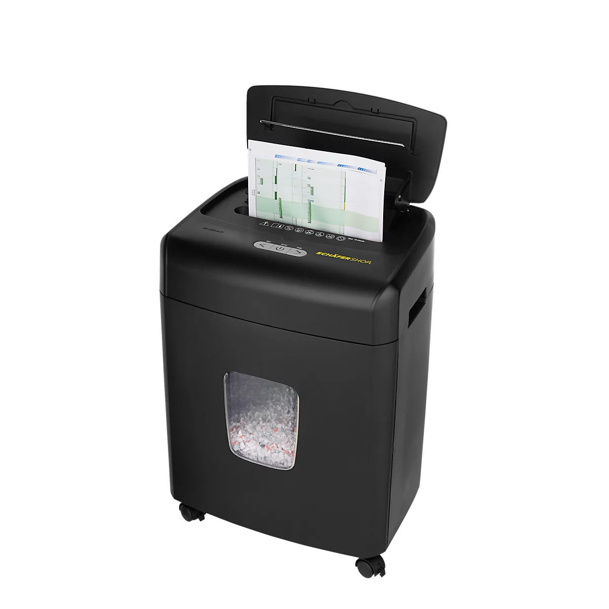 Schäfer Shop Select Destructeur de documents SH1023-A CC, entièrement automatique, coupe en particules 4 x 12 mm, P-4, 23 l, capacité de coupe 10-120 feuilles, avec roulettes pivotantes, noir