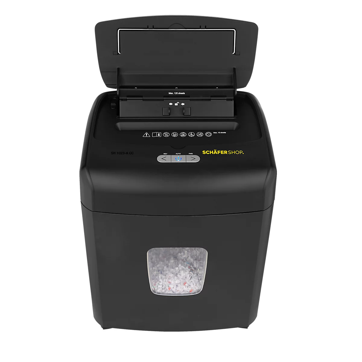 Schäfer Shop Select Destructeur de documents SH1023-A CC, entièrement automatique, coupe en particules 4 x 12 mm, P-4, 23 l, capacité de coupe 10-120 feuilles, avec roulettes pivotantes, noir