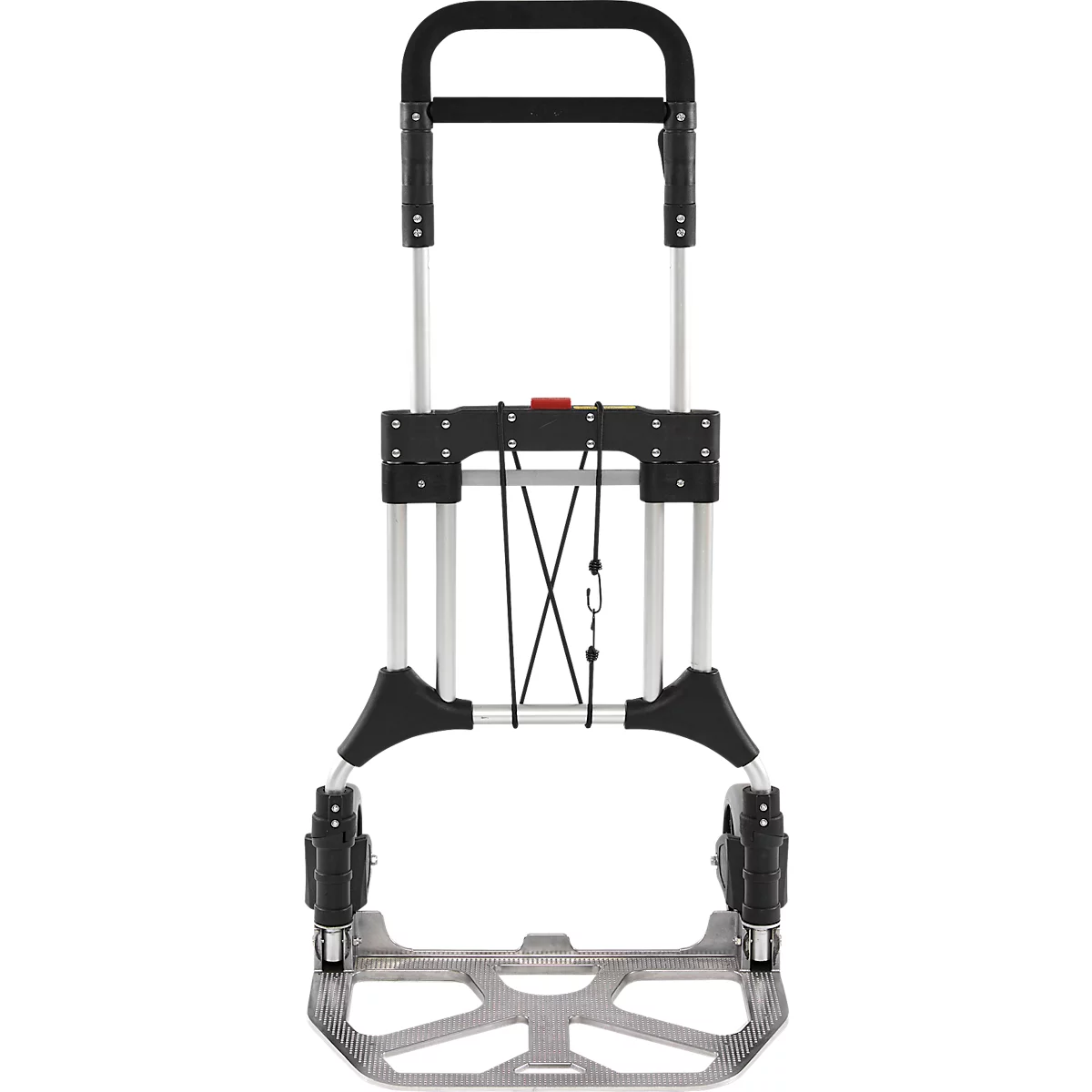 Schäfer Shop Select Diable, capacité de charge 200 kg, pliable, poignées pivotantes, sangle de serrage, 2 roues fixes, aluminium/plastique, rouge-noir-argenté