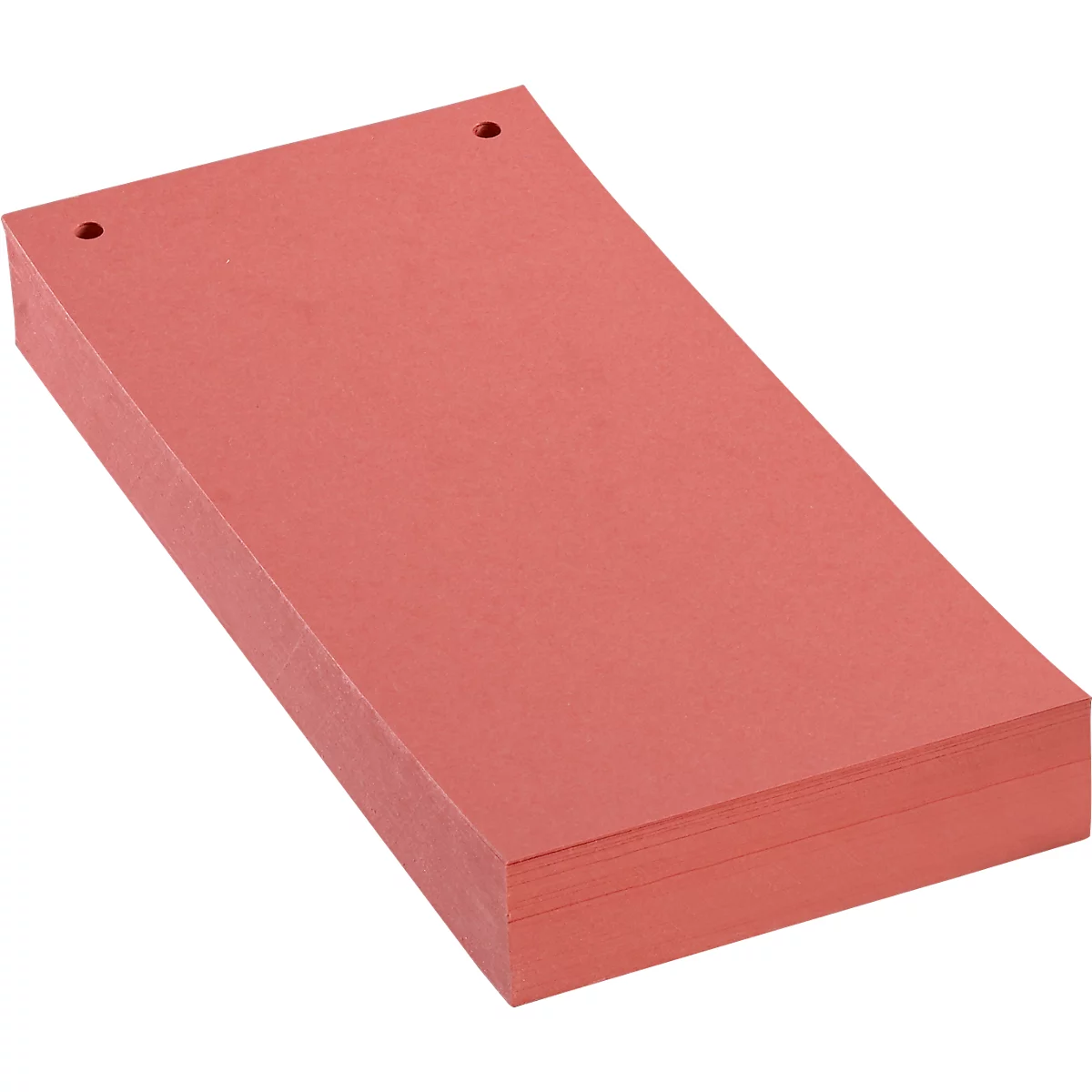 A stack of red notepaper with two holes at the top.
