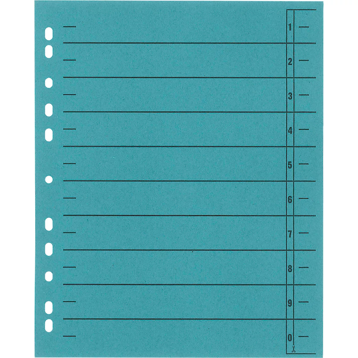 Turquoise blue punched sheet with black lines, numbered from 1 to 0.