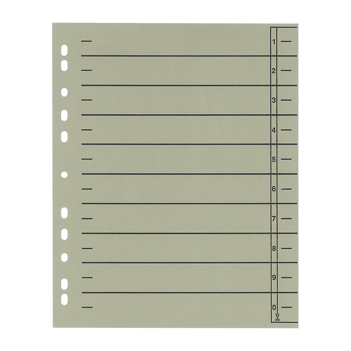 A grey punched sheet with black lines and numbers from 1 to 0.