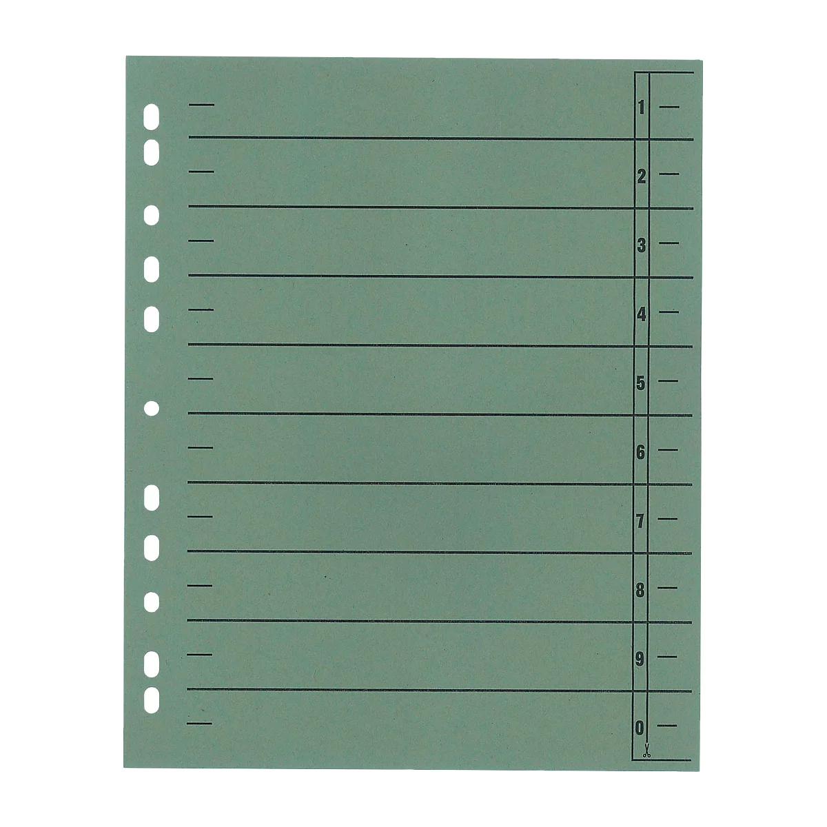 Green, lined punched folder with white perforations and numbers from 1 to 0.