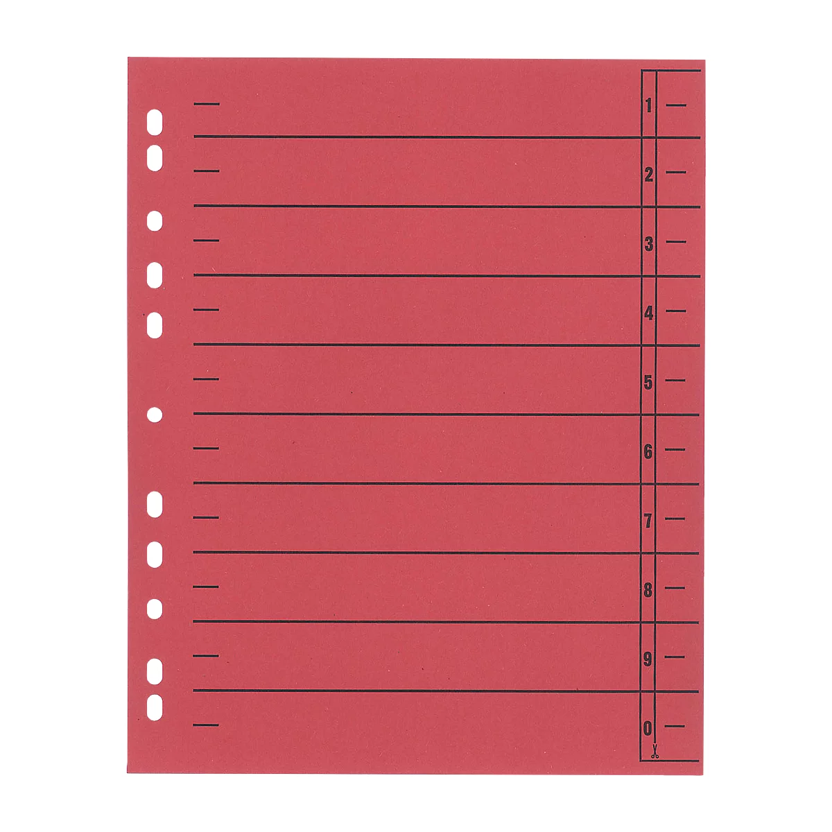 Red punched pocket with black lines and numbers 1-0 for structuring documents.
