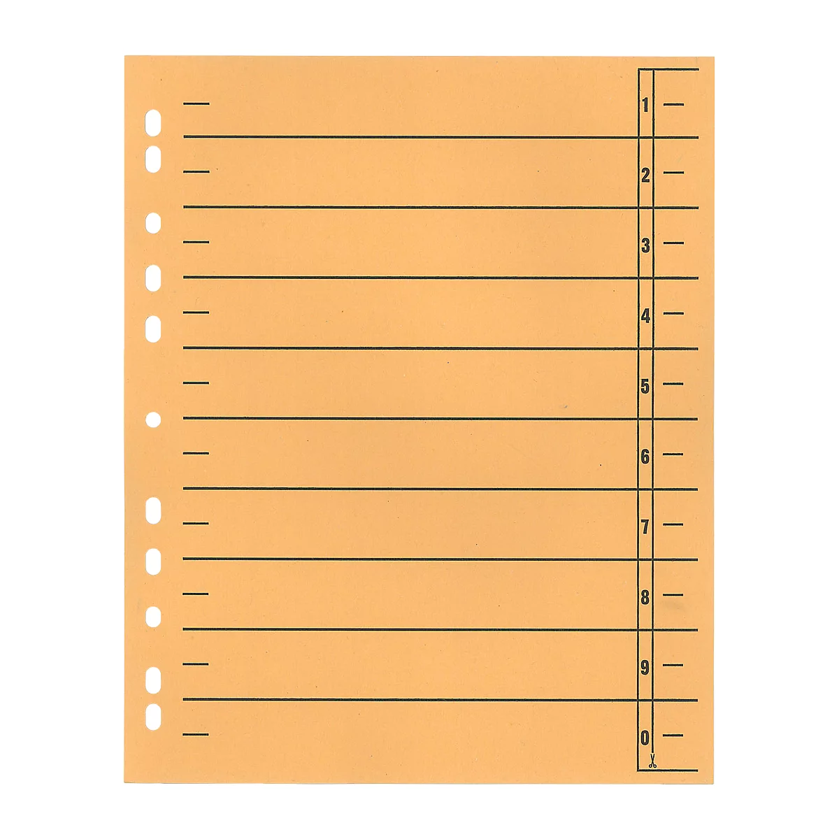 A yellow-orange sheet with horizontal black lines and side holes for filing. On the right side, numbers from 1 to 0 are printed.