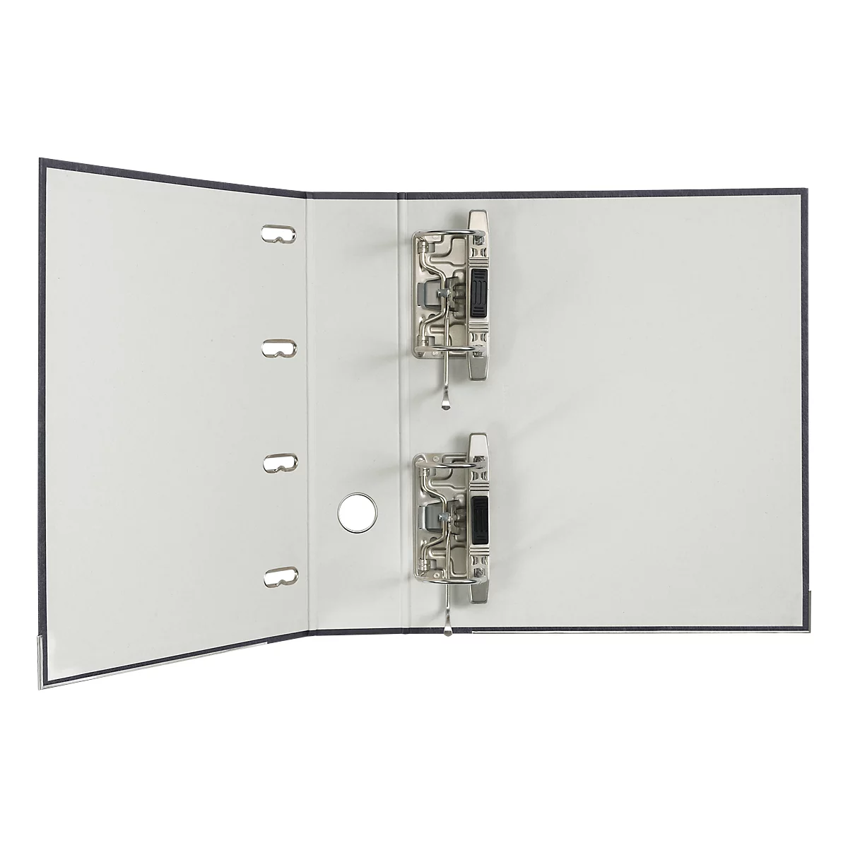 Open folder with metal mechanism and perforations, light gray inside, dark frame.