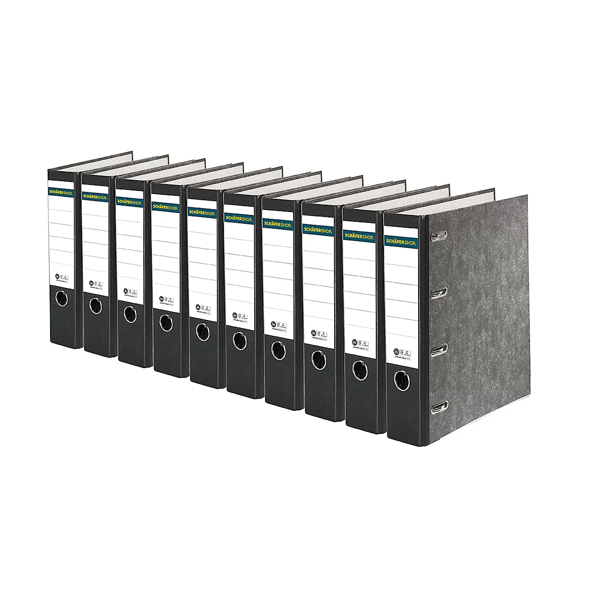 Row of black file folders; some with labeled tags.