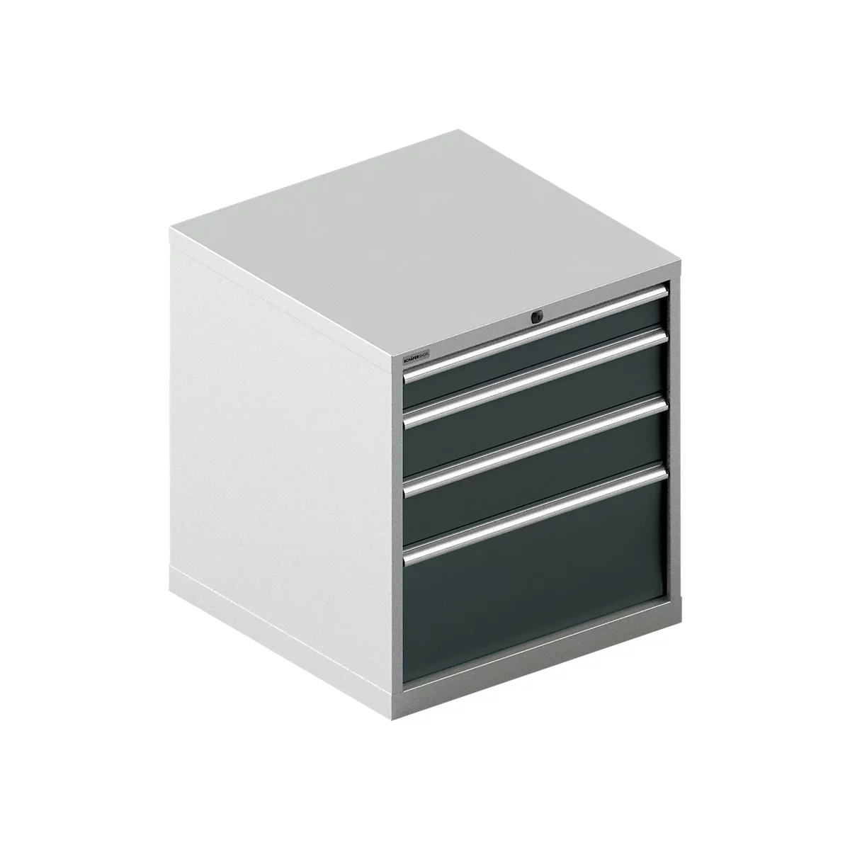 Gray and white tool cabinet with four drawers and handles.