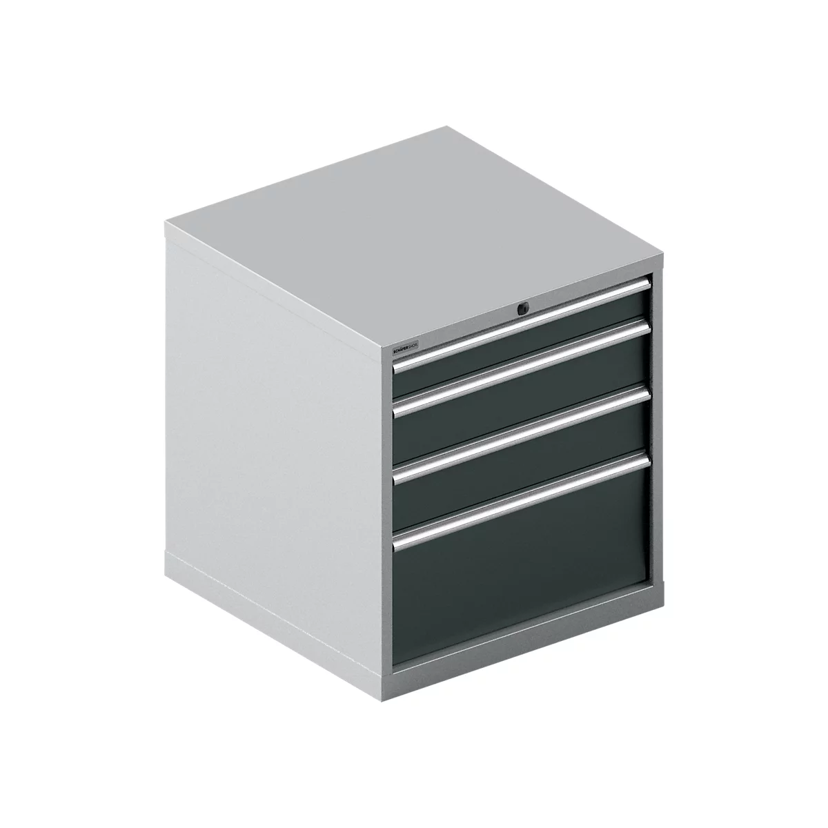 Grey tool cabinet with four drawers and silver handles. There is a lock at the top.