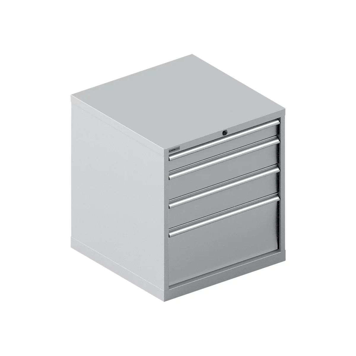 Grey tool cabinet with four drawers, chrome handles and lock.