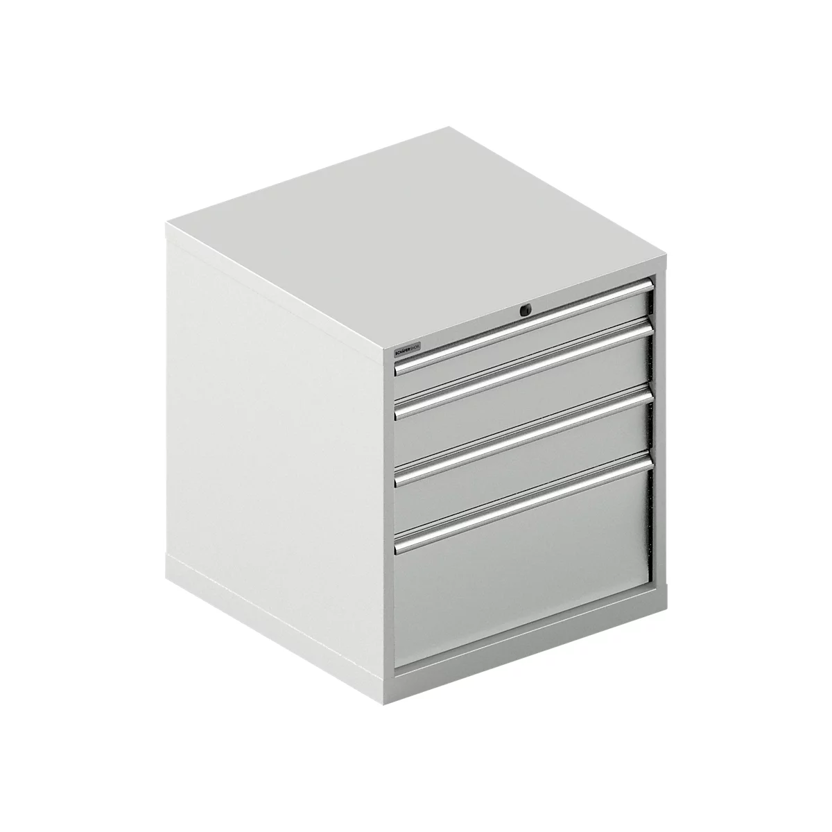 Gray tool drawer, front with four drawers and chrome handles, a keyhole.