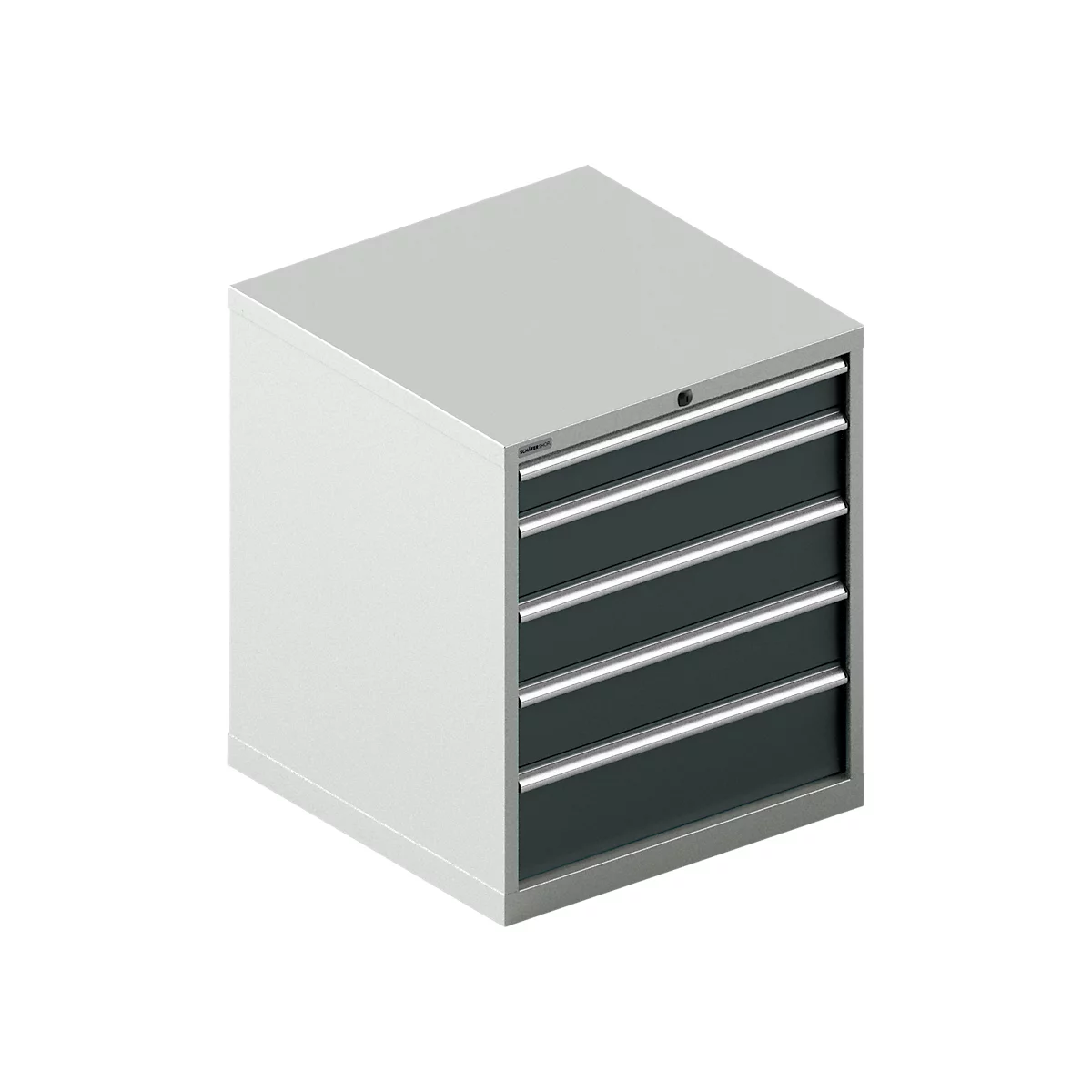 Grey and white tool cabinet with drawers. A lock on top.