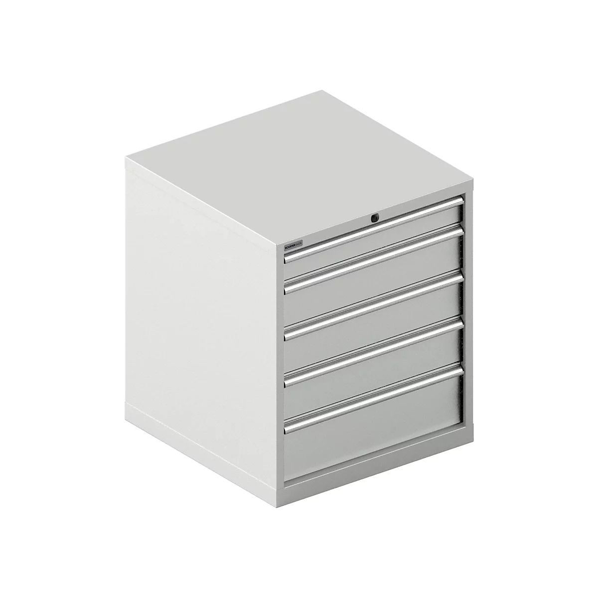 Gray tool cabinet with five drawers, chrome handles, and a lock.