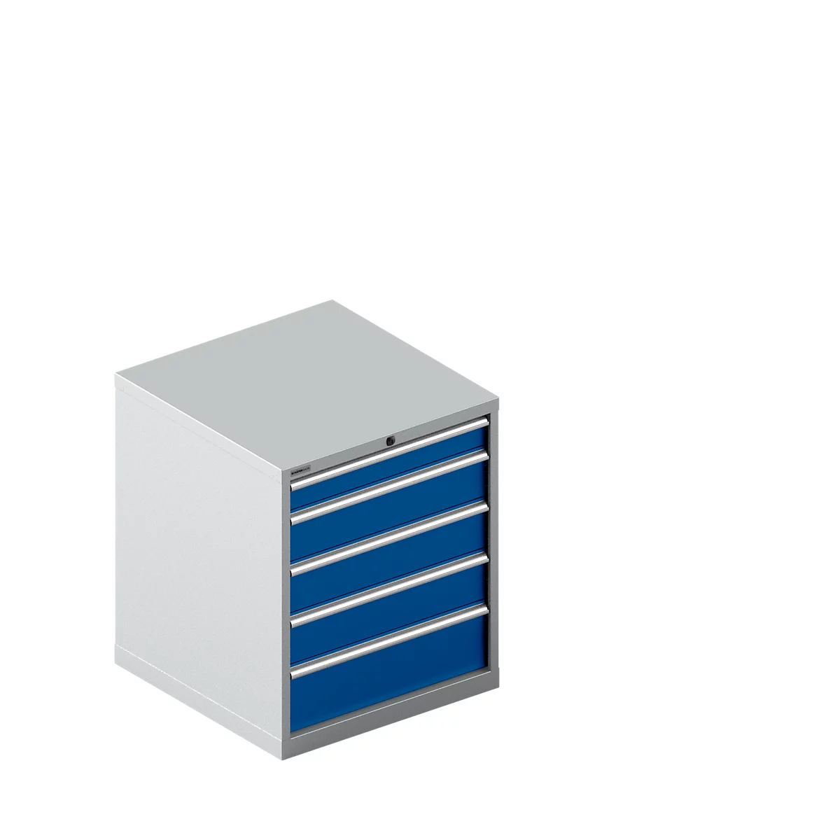 A gray cabinet with five blue drawers. The cabinet stands on a white background.
