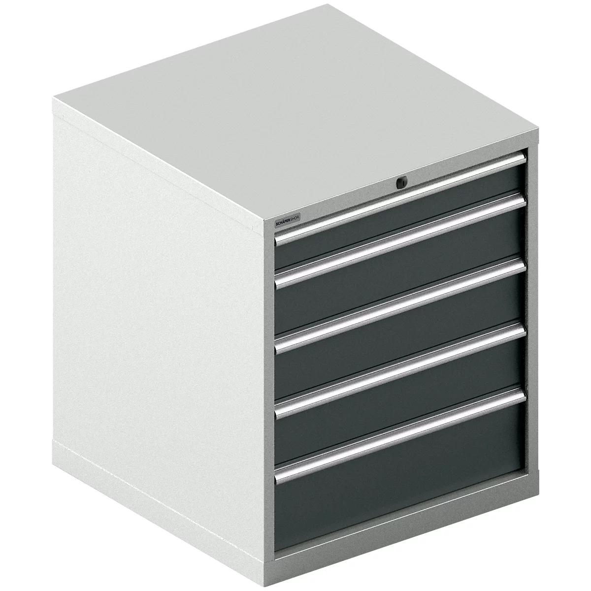 A gray tool cabinet with four drawers, each equipped with silver handles, stands against a white background.