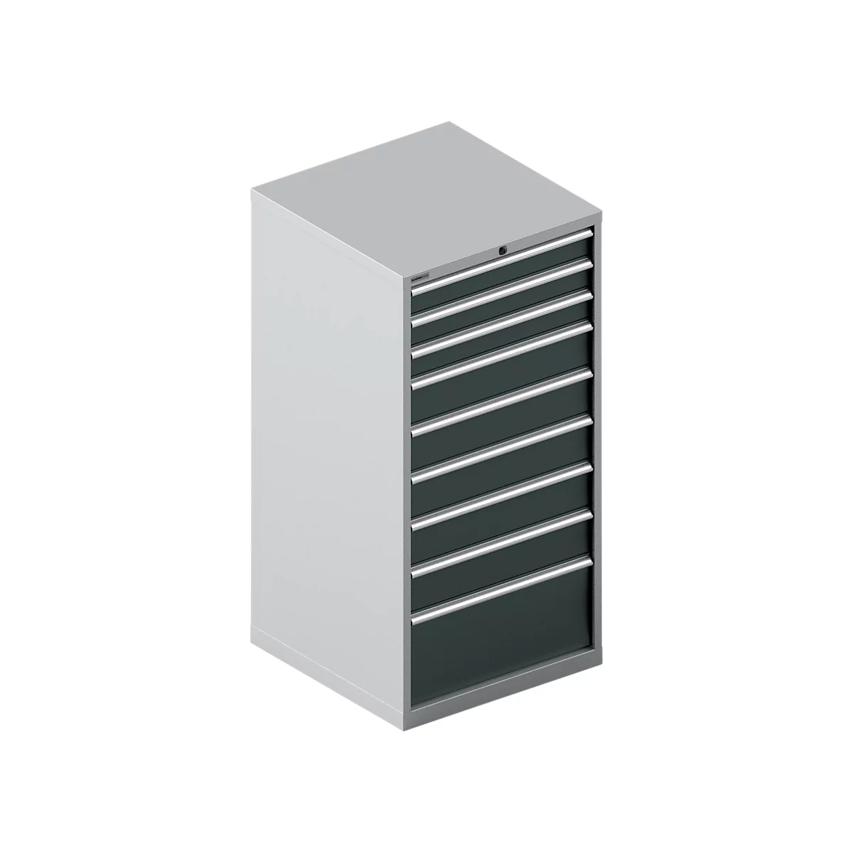Gray tool cabinet with eight drawers, silver handles. Minimalist style.