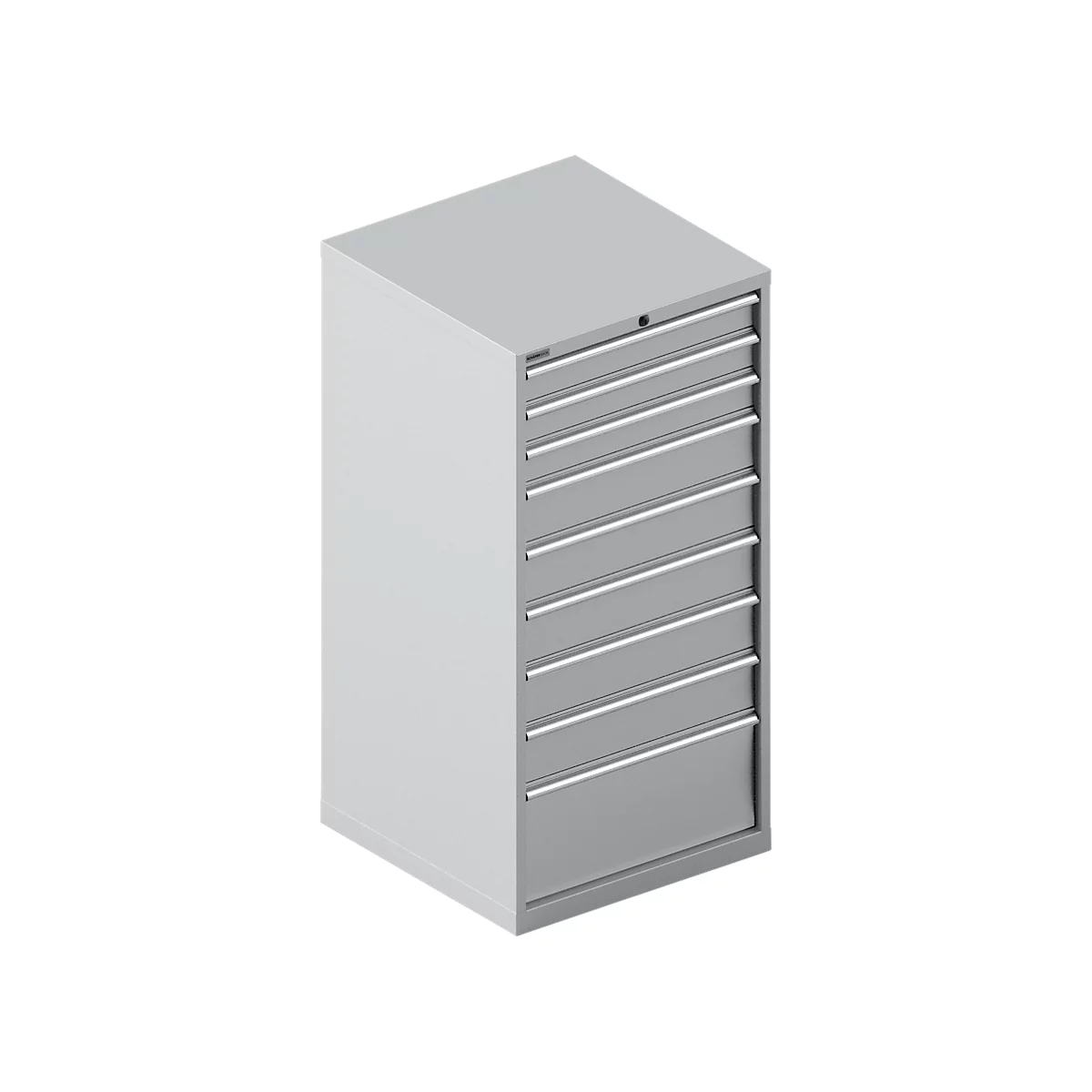 Grey tool cabinet with eight drawers and silver handles.