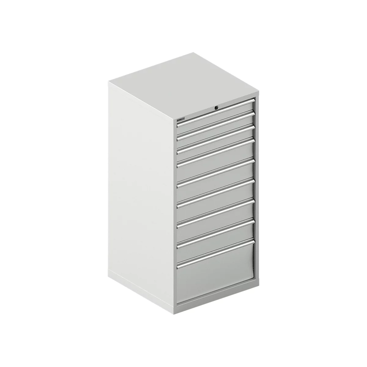 Gray toolbox with seven drawers and silver handles.