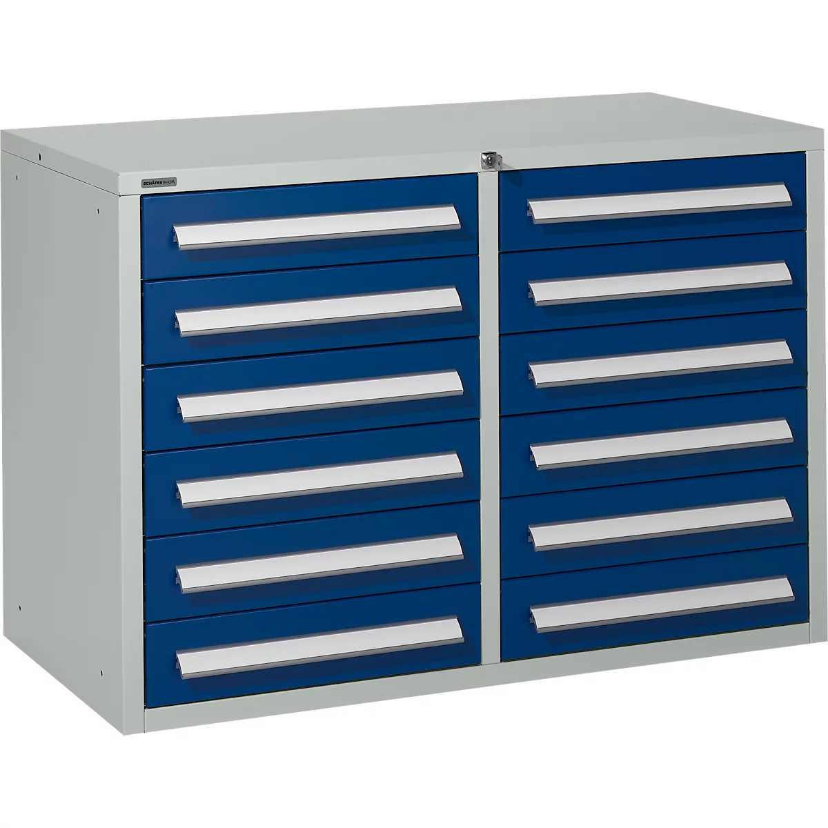 Blue and gray tool cabinet with drawers, silver handles.